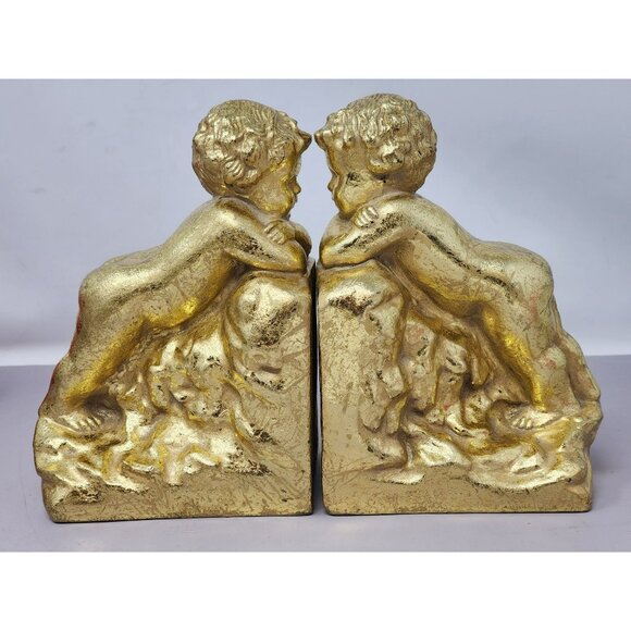 Gold‎ Cherub Hollywood Regency Gold Leaf Bookends Andrea by Sadek Korea MCM - Picture 1 of 10